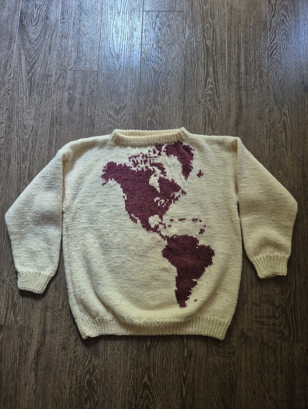 Hand Knit Cream Crewneck Sweater with Burgundy World Map